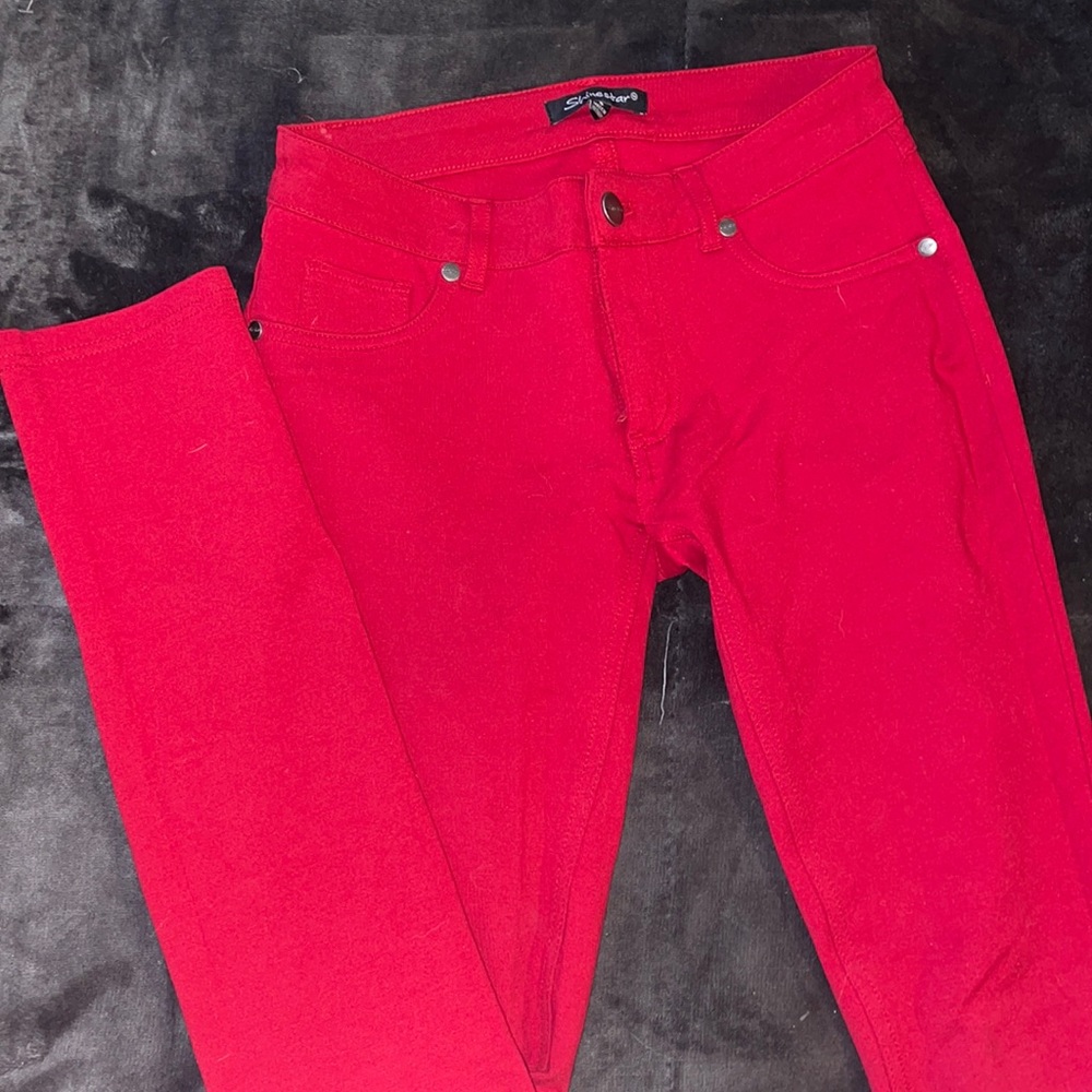 red, skinny jeggings